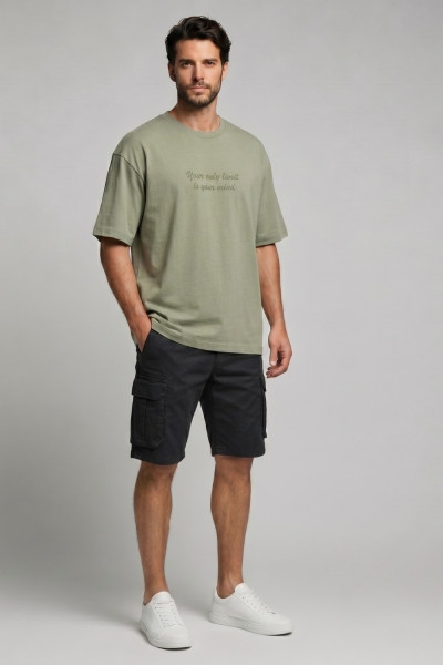 Ανδρικό loose fit t-shirt Brokers λαδί βαμβακερό με slogan print 26017-216-752