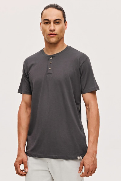 Ανδρικό T-shirt Brokers γκρι με κουμπιά και henley λαιμόκοψη 26017-101-751