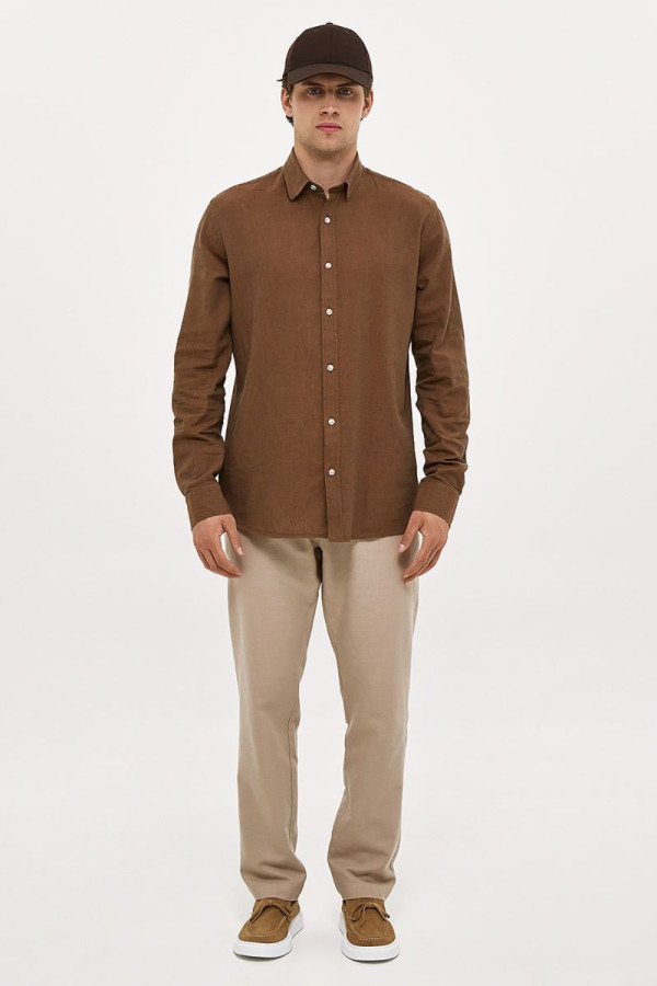 Ανδρικό λινό παντελόνι Brokers μπεζ  με λάστιχο & κορδόνι  26014-108-487