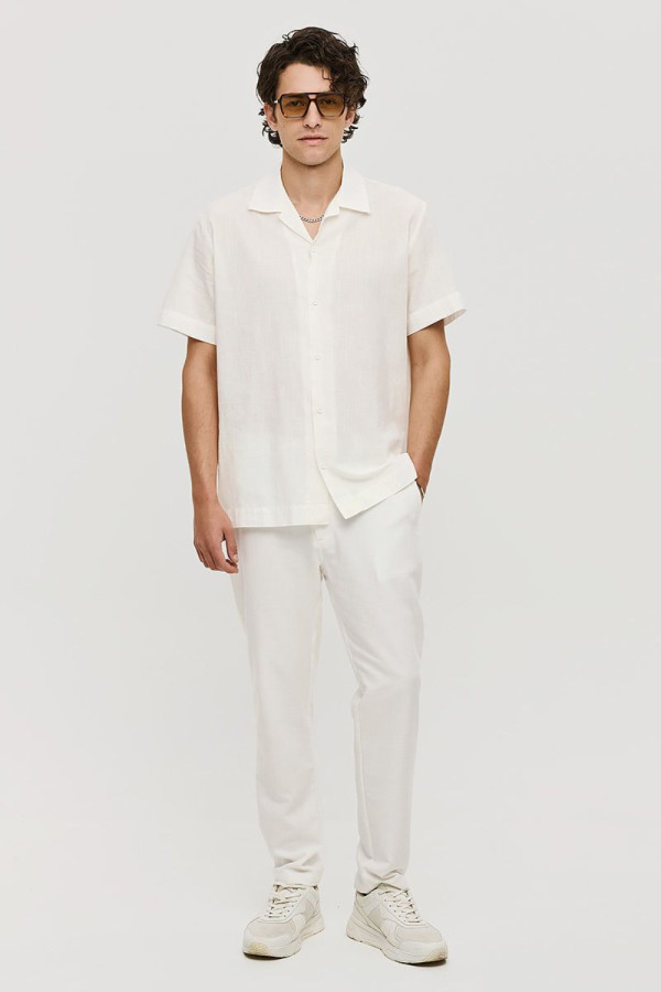 Ανδρικό λινό παντελόνι λευκό με λάστιχο & κορδόνι – Brokers - 26014-108-487