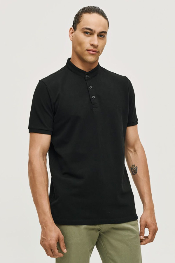 Ανδρικό polo Brokers μαύρο mao γιακάς βαμβακερό 26017-811-756