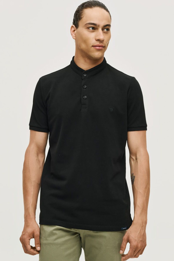 Ανδρικό polo Brokers μαύρο mao γιακάς βαμβακερό 26017-811-756