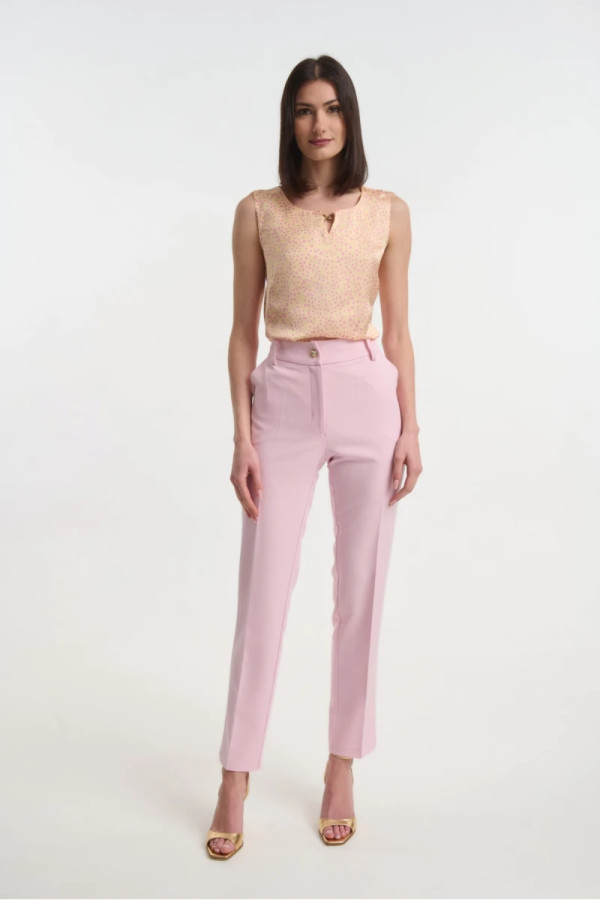 Γυναικείο ψηλόμεσο παντελόνι Fibes ροζ κρεπ ελαστικό με τσέπες 04-8102