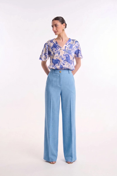 Γυναικείο παντελόνι Fibes σιελ wide leg με πιέτες και υφή λινού 04-8133 Γυναικείο παντελόνι Fibes σιελ wide leg με πιέτες και υφή λινού 04-8133