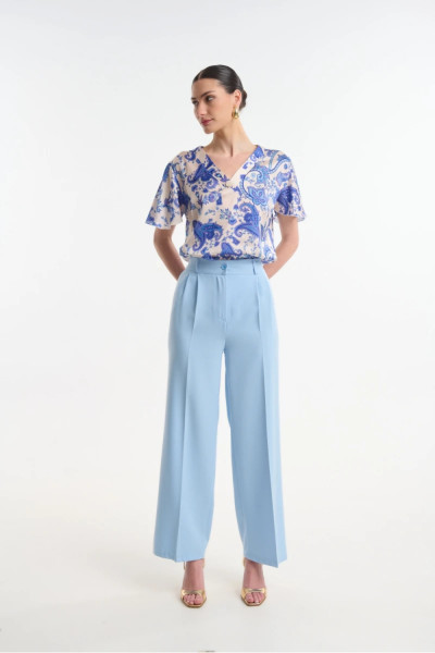 Γυναικείο παντελόνι Fibes σιελ wide leg με πιέτες και υφή λινού 04-8133