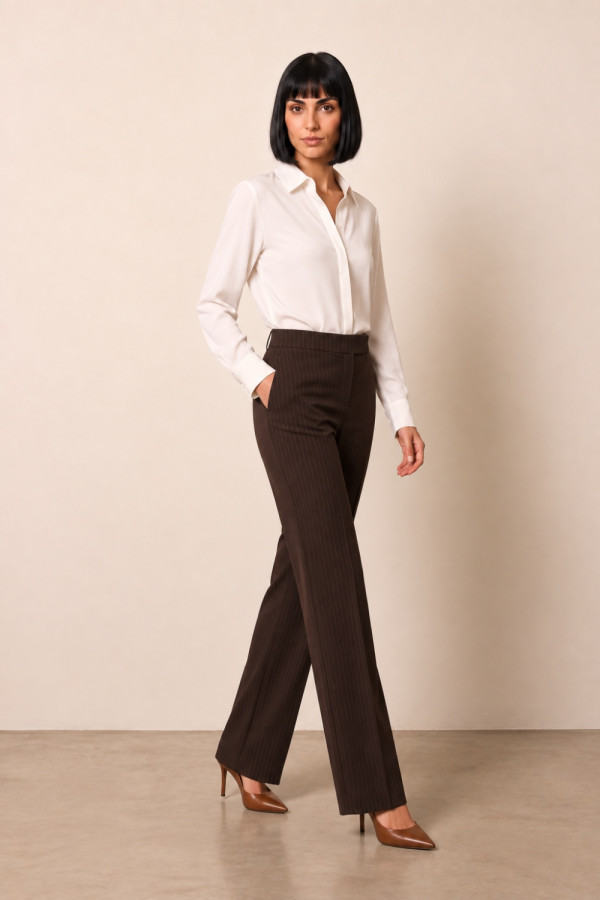 Γυναικείο παντελόνι Enzzo espresso με λεπτή ρίγα σε wide leg γραμμή 252168