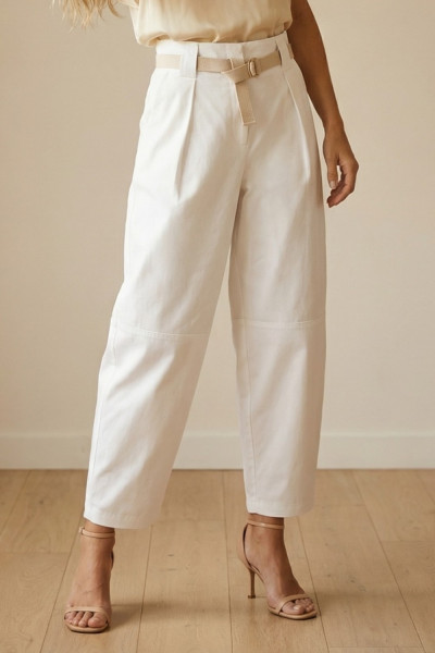 Γυναικείο παντελόνι Derpouli λευκό βαμβακερό barrel ψηλόμεσο με ζώνη 1.15.39-50859
