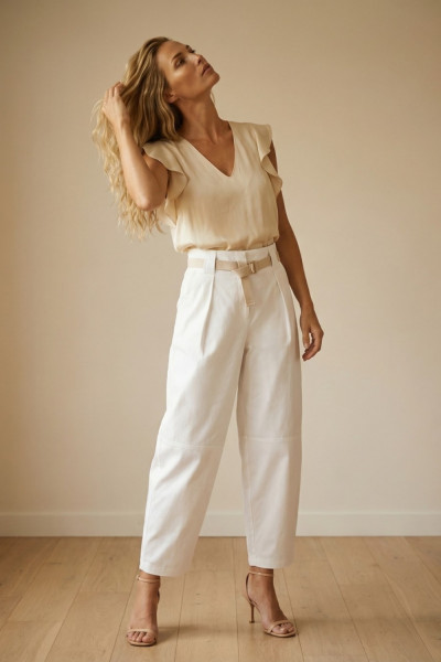 Γυναικείο παντελόνι Derpouli λευκό βαμβακερό barrel ψηλόμεσο με ζώνη 1.15.39-50859