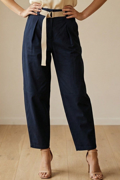 Γυναικείο παντελόνι Derpouli μπλε βαμβακερό barrel ψηλόμεσο με ζώνη 1.15.39-50859