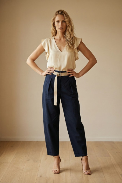 Γυναικείο παντελόνι Derpouli μπλε βαμβακερό barrel ψηλόμεσο με ζώνη 1.15.39-50859