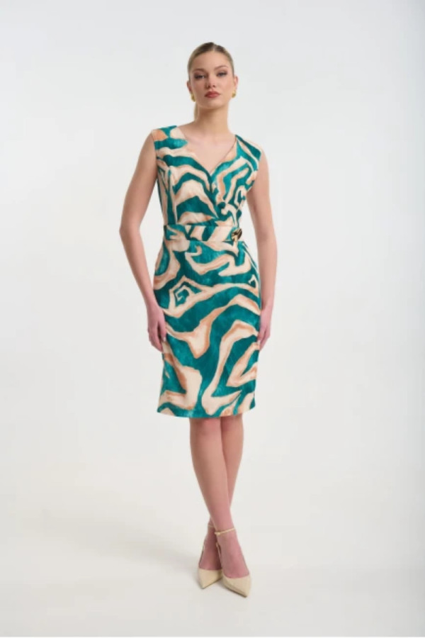 Γυναικείο φόρεμα Fibes midi πράσινο εμπριμέ κρουαζέ και extra μανίκια 05-9472