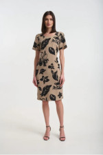 Γυναικείο midi φόρεμα Fibes μπεζ κοντομάνικο με floral print 05-9455