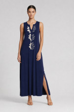 Γυναικείο maxi φόρεμα Derpouli navy blue αμάνικο με leaf print 1.20.39390