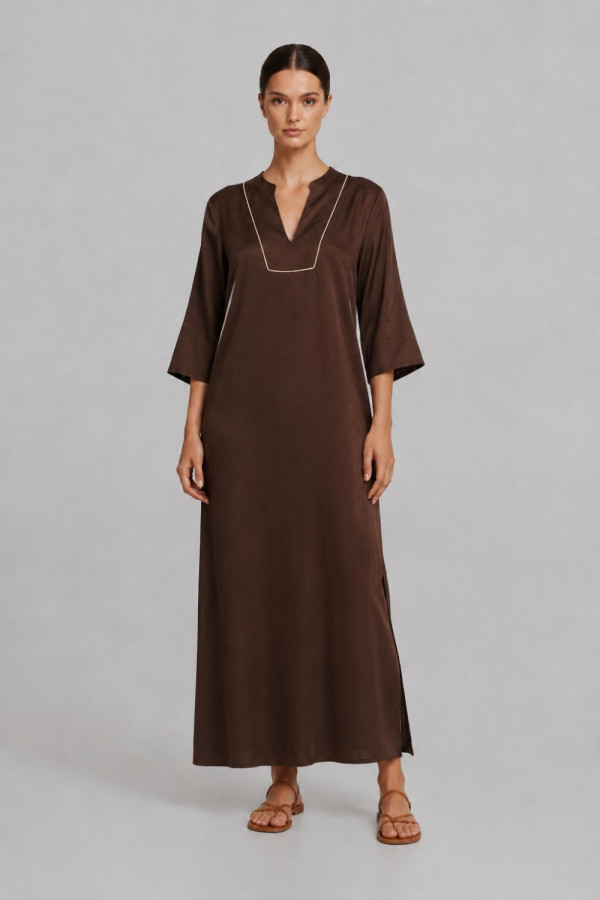 Γυναικείο maxi φόρεμα Derpouli καφέ kimono Σατινέ loose fit 1.20.39403 Γυναικείο maxi φόρεμα Derpouli καφέ kimono Σατινέ loose fit 1.20.39403