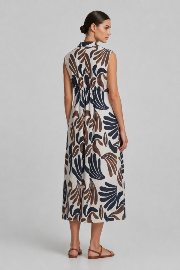 Γυναικείο loose φόρεμα Fibes εκρού με tropical print και γιακά 05-9646 Γυναικείο loose φόρεμα Fibes εκρού με tropical print και γιακά 05-9646