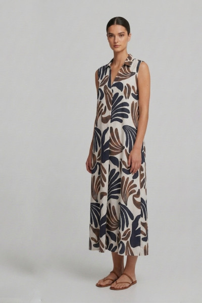 Γυναικείο loose φόρεμα Fibes εκρού με tropical print και γιακά 05-9646
