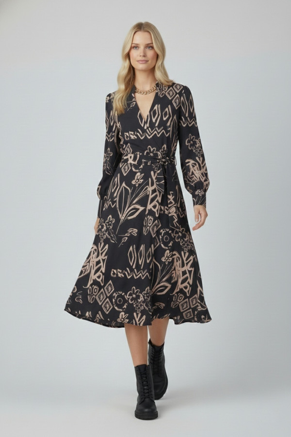 VAGIAS ΓΥΝΑΙΚΕΙΟ ΦΟΡΕΜΑ MIDI ΜΕ "V" ΝΤΕΚΟΛΤΕ ΕΜΠΡΙΜΕ ΜΑΥΡΟ 3658-42