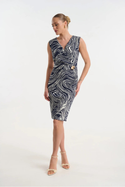 Γυναικείο midi φόρεμα Fibes μπλε εμπριμέ με V λαιμόκοψη και extra μανίκια 05-9470