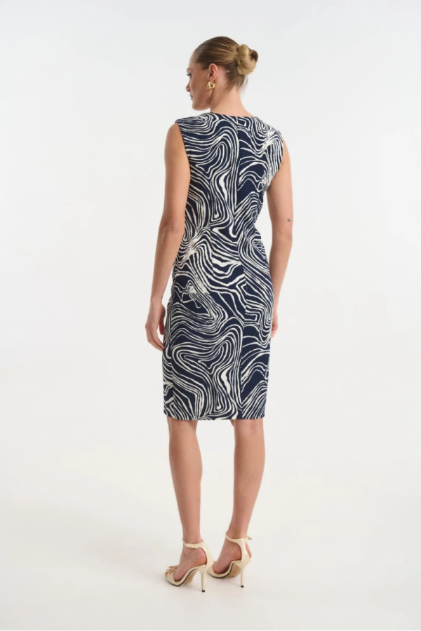 Γυναικείο midi φόρεμα Fibes μπλε εμπριμέ με V λαιμόκοψη και extra μανίκια 05-9470