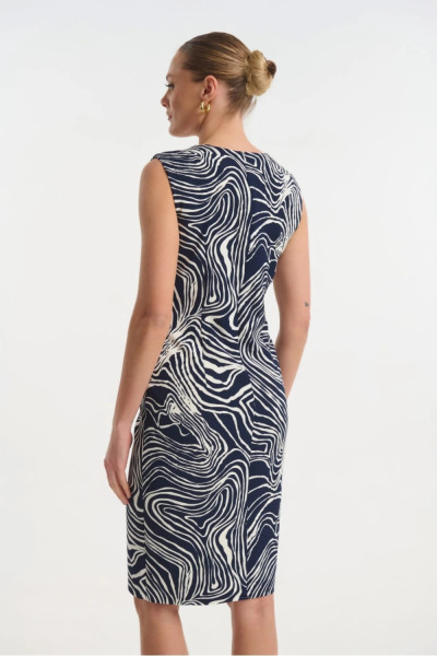 Γυναικείο midi φόρεμα Fibes μπλε εμπριμέ με V λαιμόκοψη και extra μανίκια 05-9470