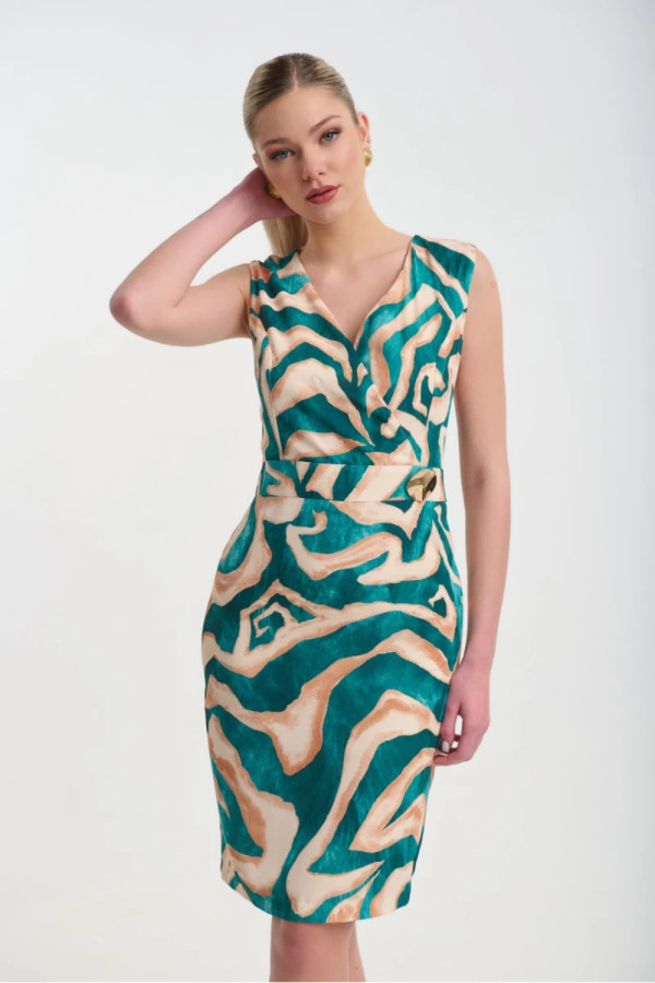 Γυναικείο φόρεμα Fibes midi πράσινο εμπριμέ κρουαζέ και extra μανίκια 05-9472