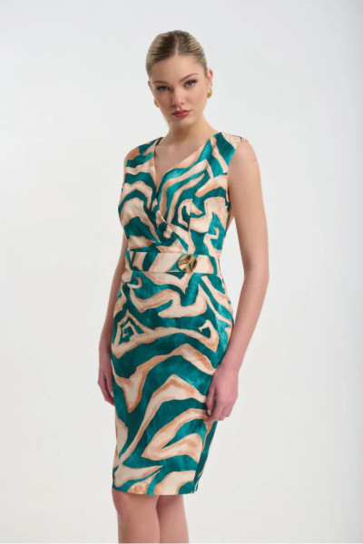 Γυναικείο φόρεμα Fibes midi πράσινο εμπριμέ κρουαζέ και extra μανίκια 05-9472