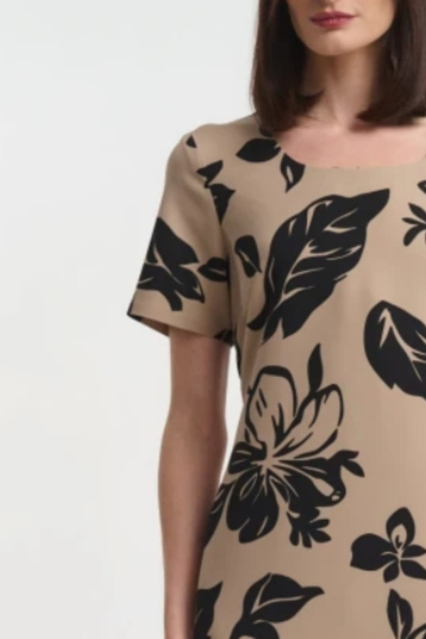 Γυναικείο midi φόρεμα Fibes μπεζ κοντομάνικο με floral print 05-9455