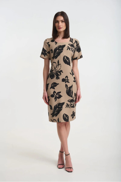 Γυναικείο midi φόρεμα Fibes μπεζ κοντομάνικο με floral print 05-9455