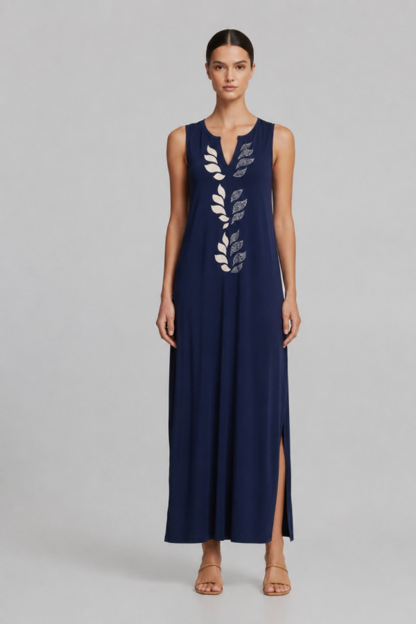 Γυναικείο maxi φόρεμα Derpouli navy blue αμάνικο με leaf print 1.20.39390