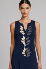 Γυναικείο maxi φόρεμα Derpouli navy blue αμάνικο με leaf print 1.20.39390