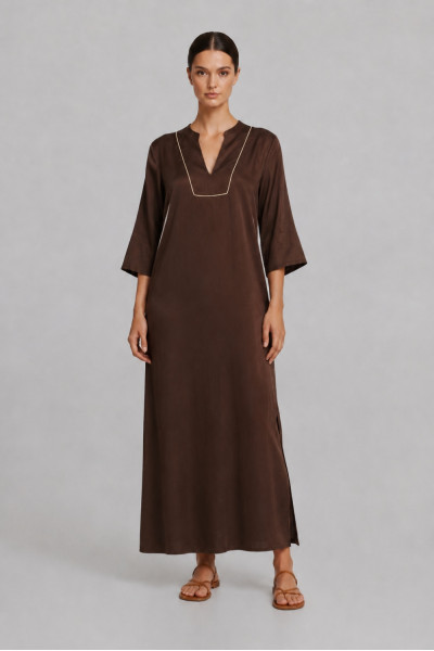 Γυναικείο maxi φόρεμα Derpouli καφέ kimono Σατινέ loose fit 1.20.39403