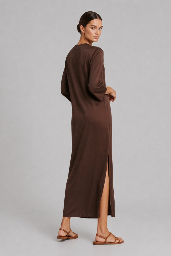 Γυναικείο maxi φόρεμα Derpouli καφέ kimono Σατινέ loose fit 1.20.39403 Γυναικείο maxi φόρεμα Derpouli καφέ kimono Σατινέ loose fit 1.20.39403