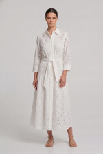 Γυναικείο φόρεμα λευκό broderie midi με ζώνη βαμβακερό 26-2265