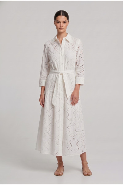 Γυναικείο φόρεμα λευκό broderie midi με ζώνη βαμβακερό 26-2265