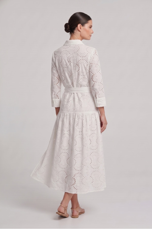 Γυναικείο φόρεμα λευκό broderie midi με ζώνη βαμβακερό 26-2265