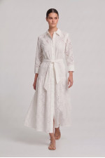 Γυναικείο φόρεμα λευκό broderie midi με ζώνη βαμβακερό 26-2265