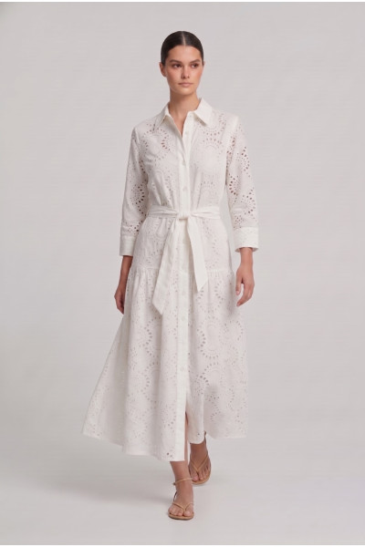 Γυναικείο φόρεμα λευκό broderie midi με ζώνη βαμβακερό 26-2265