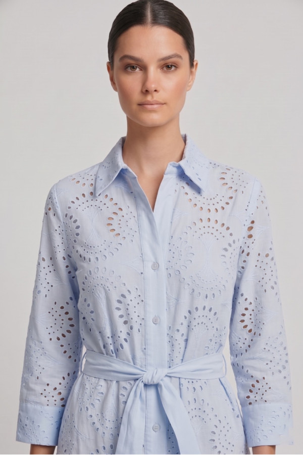 Γυναικείο φόρεμα σιέλ broderie midi με ζώνη βαμβακερό 26-2265