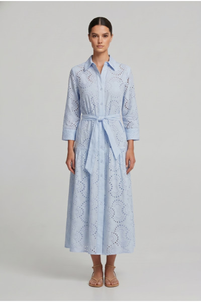 Γυναικείο φόρεμα σιέλ broderie midi με ζώνη βαμβακερό 26-2265