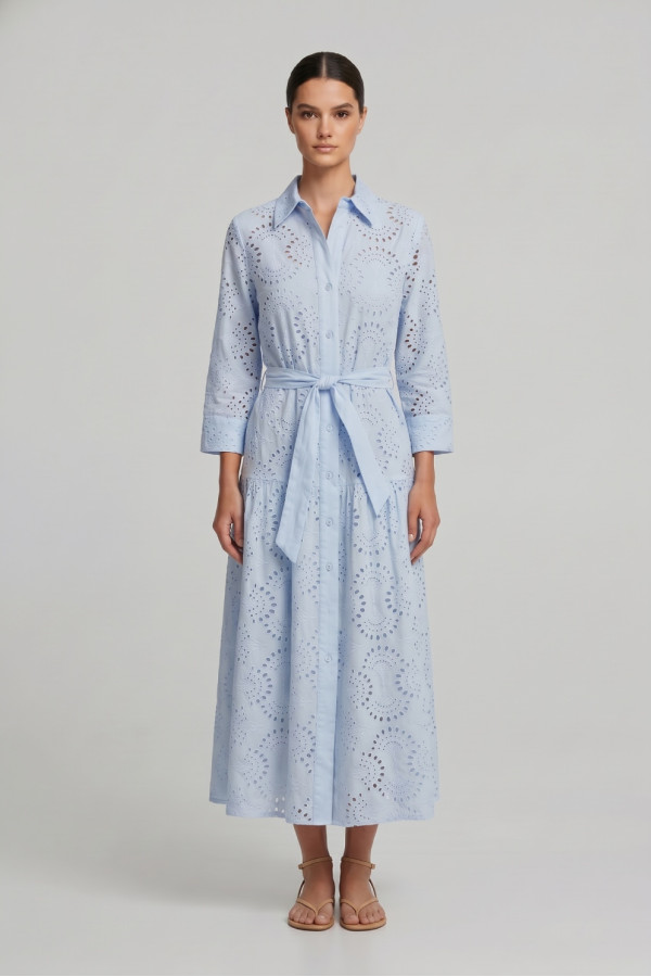 Γυναικείο φόρεμα σιέλ broderie midi με ζώνη βαμβακερό 26-2265