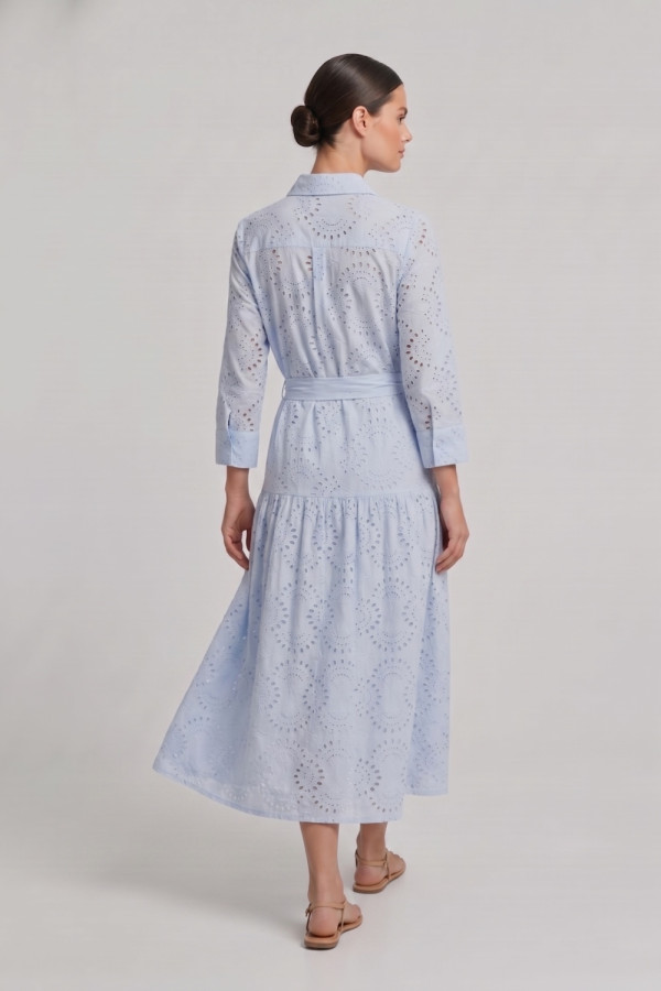Γυναικείο φόρεμα σιέλ broderie midi με ζώνη βαμβακερό 26-2265