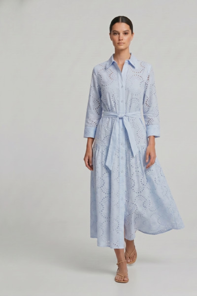 Γυναικείο φόρεμα σιέλ broderie midi με ζώνη βαμβακερό 26-2265