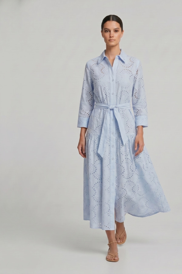 Γυναικείο φόρεμα σιέλ broderie midi με ζώνη βαμβακερό 26-2265