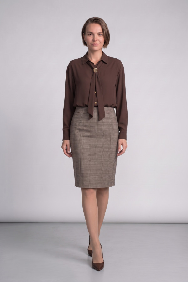 Γυναικεία καρό φούστα Fibes καφέ pencil 04-8168