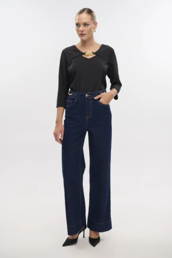 FIBES ΓΥΝΑΙΚΕΙΟ ΨΗΛΟΜΕΣΟ JEAN WIDE LEG ΒΑΜΒΑΚΕΡΟ ΕΛΑΣΤΙΚΟ ΜΠΛΕ 04-8072