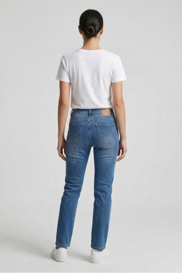 Γυναικείο jean μπλε βαμβακερό με ελαστικότητα regular fit Miss Good 26-5507 Γυναικείο jean μπλε βαμβακερό με ελαστικότητα regular fit Miss Good 26-5507