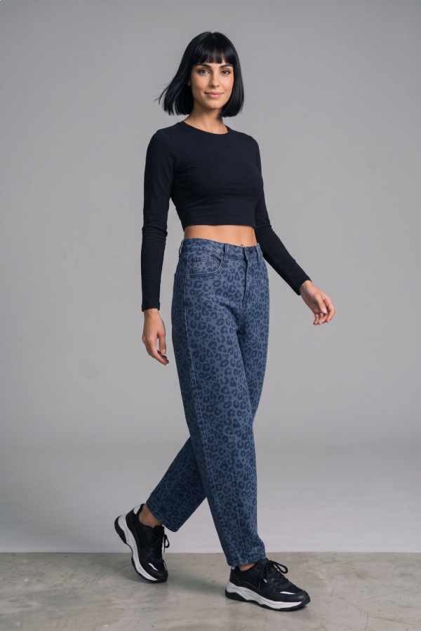 Γυναικείο τζιν παντελόνι barrel μπλε με animal print 271398037