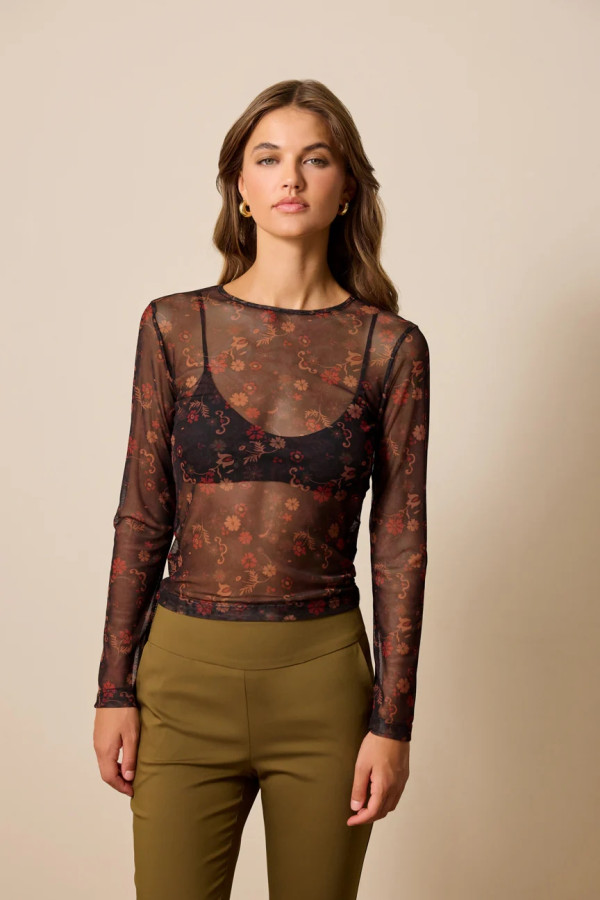 ENZZO ΓΥΝΑΙΚΕΙΑ ΜΠΛΟΥΖΑ ΤΟΥΛΙ ΜΑΚΡΥΜΑΝΙΚΗ ΕΜΠΡΙΜΕ FLORAL IRA ΜΑΥΡΟ 252128