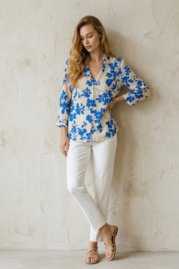 Γυναικεία εμπριμέ μπλούζα σιελ με γιακά και μανίκι 3/4 -Derpouli- 1.10.39309