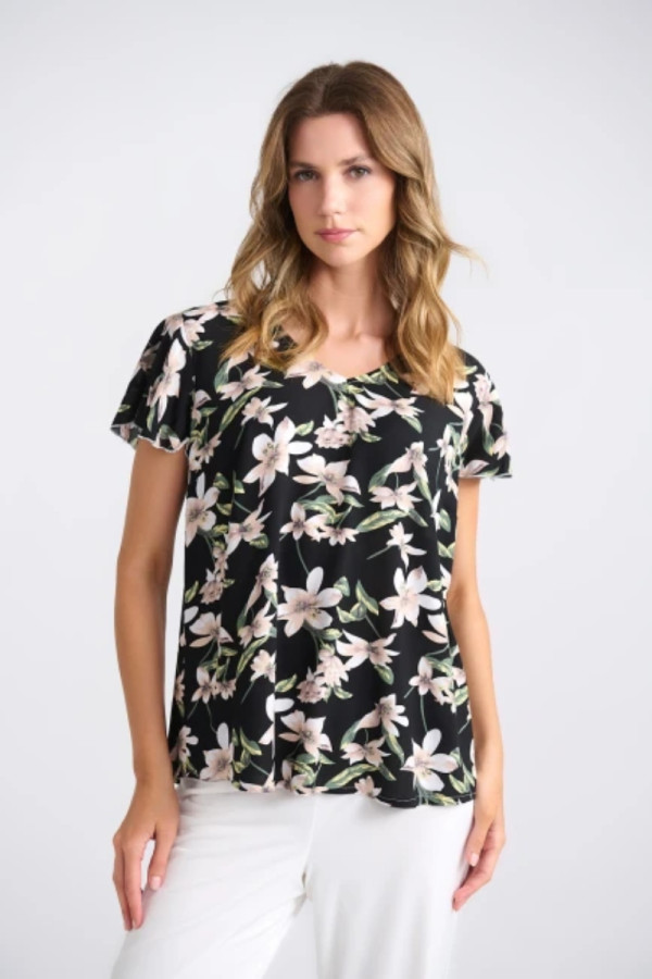 FIBES ΓΥΝΑΙΚΕΙΑ ΜΠΛΟΥΖΑ ΚΟΝΤΟΜΑΝΙΚΗ FLORAL ΜΑΥΡΟ 03-7203